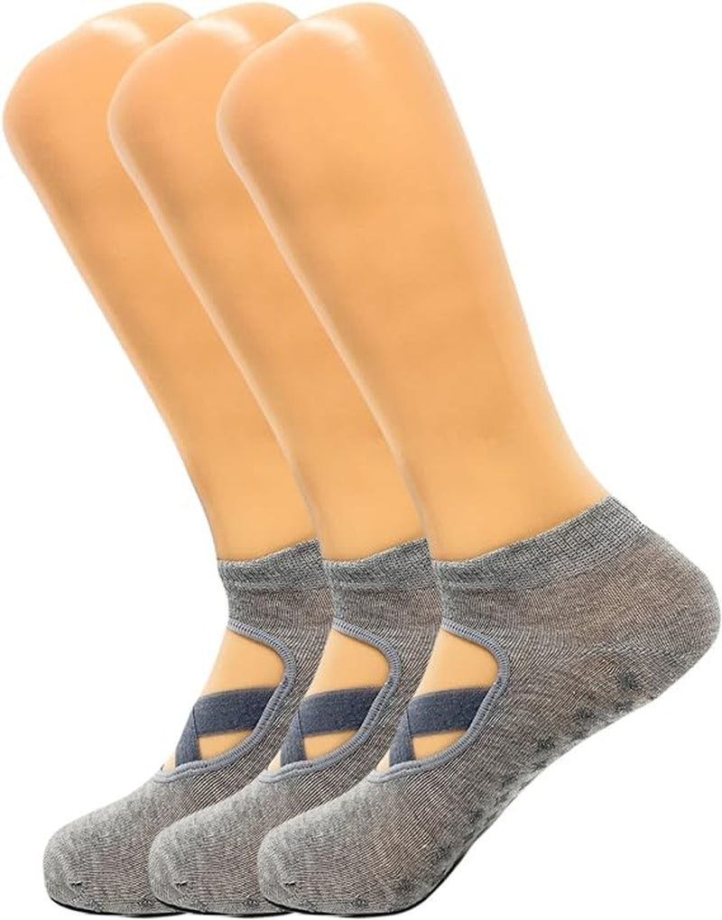 Women'S Non-Slip Grip Yoga Socks with Straps, 3 Pairs for Pilates and Studio Workouts, Size 5-7