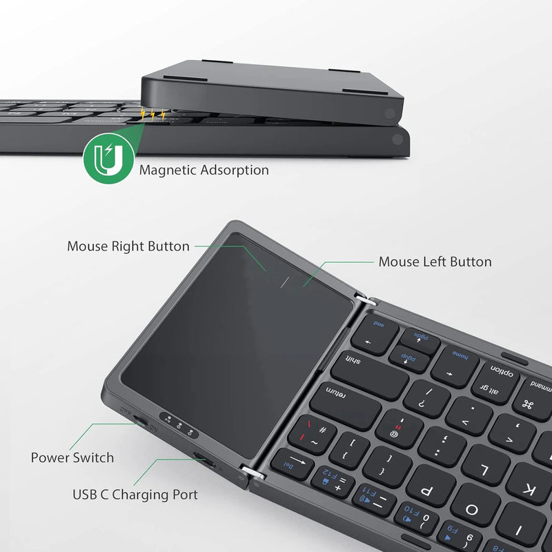 "Portable Foldable Bluetooth Keyboard with Touchpad – Ideal Mini Keyboard for Mac, iOS, Android & Windows Tablets!"