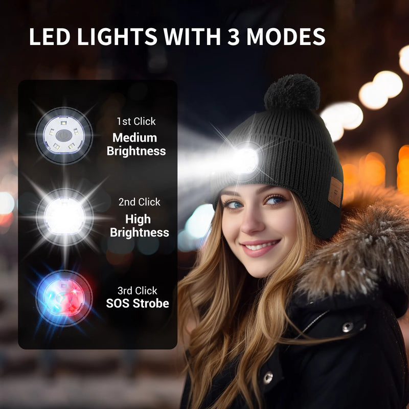 Bluetooth Beanie with Light,  Built-In Wireless Headphones, with 5 LED Headlamp Bluetooth Hat with Pom Pom, Winter Camping Hat Ear Flaps | Unique Birthday Tech Gifts（Black）