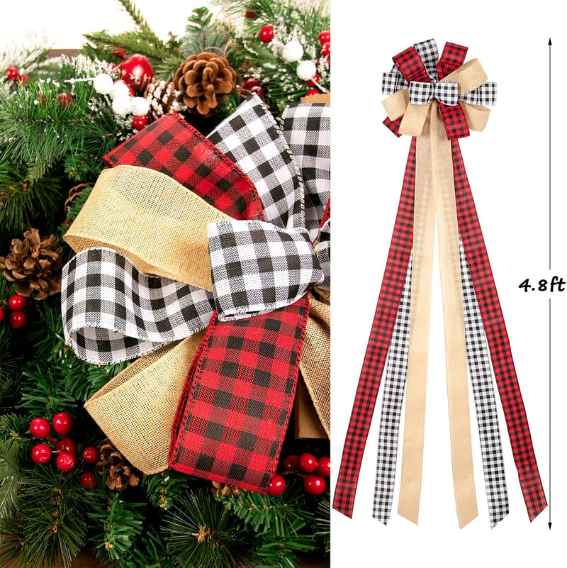 Christmas Tree Topper Bow Buffalo Plaid Tree Topper Rustic Xmas Tree Topper for Christmas Tree Decorations Buffalo Plaid Christmas Decorations Large Outdoor Christmas Tree Topper