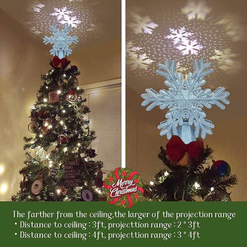 Christmas Tree Topper,Lighted Rotating LED Snowflake Projector for Christmas Tree Decorations,3D Glitter Hollow Night Light Silver Christmas Ornaments