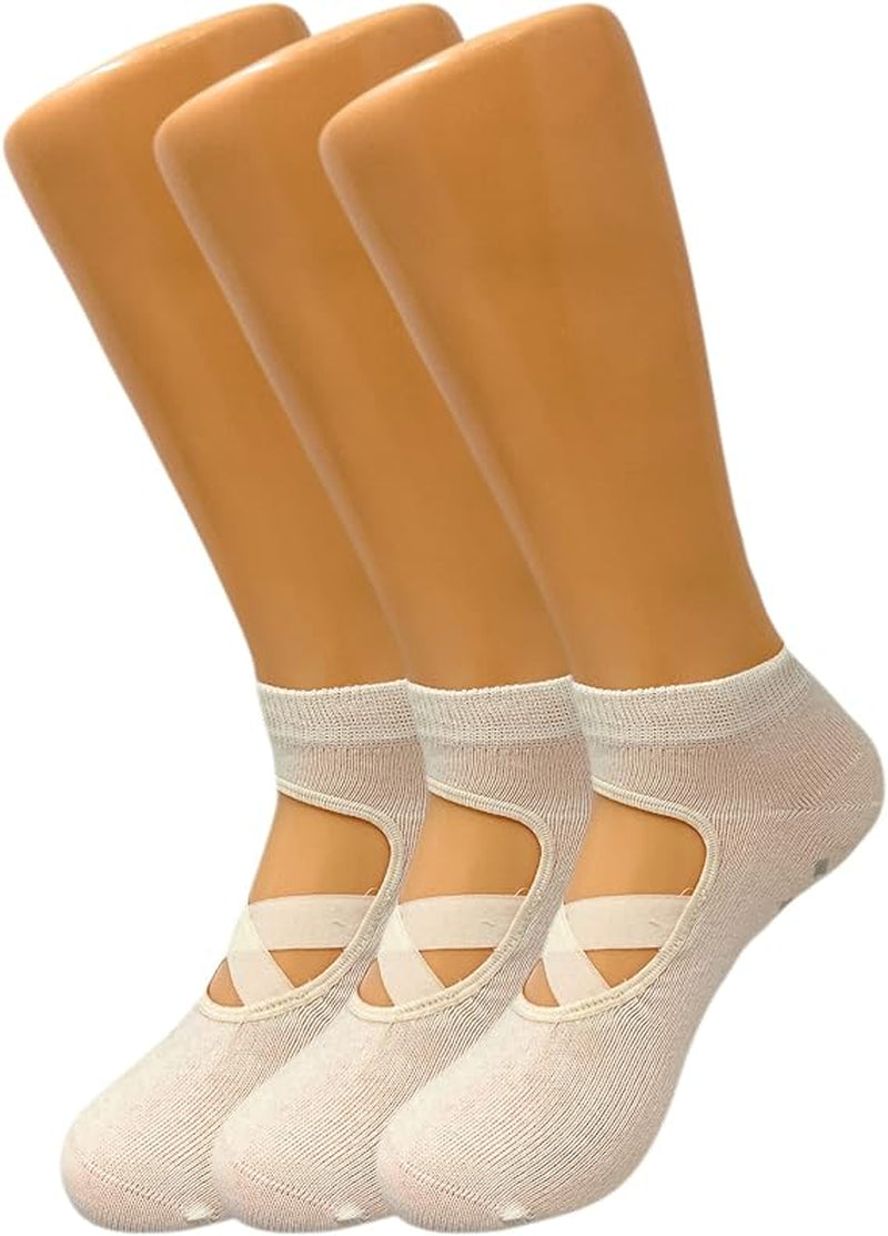 Women'S Non-Slip Grip Yoga Socks with Straps, 3 Pairs for Pilates and Studio Workouts, Size 5-7