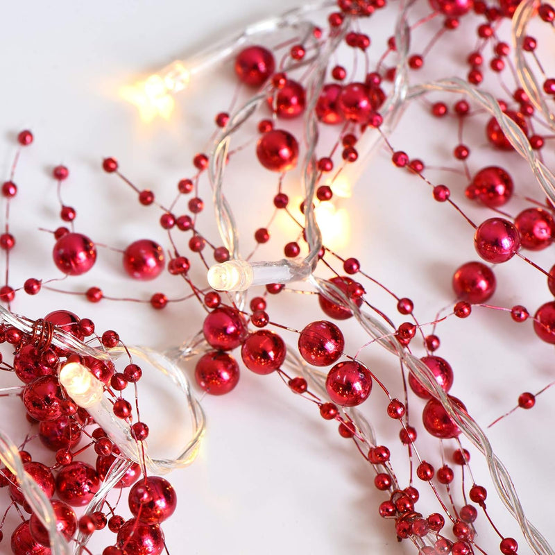 10 Feet 30 LED Christmas Light Metal Berry Beaded Garland Indoor Christmas String Lights for Fireplace Mantel Indoor Christmas Light Decorations (Red)