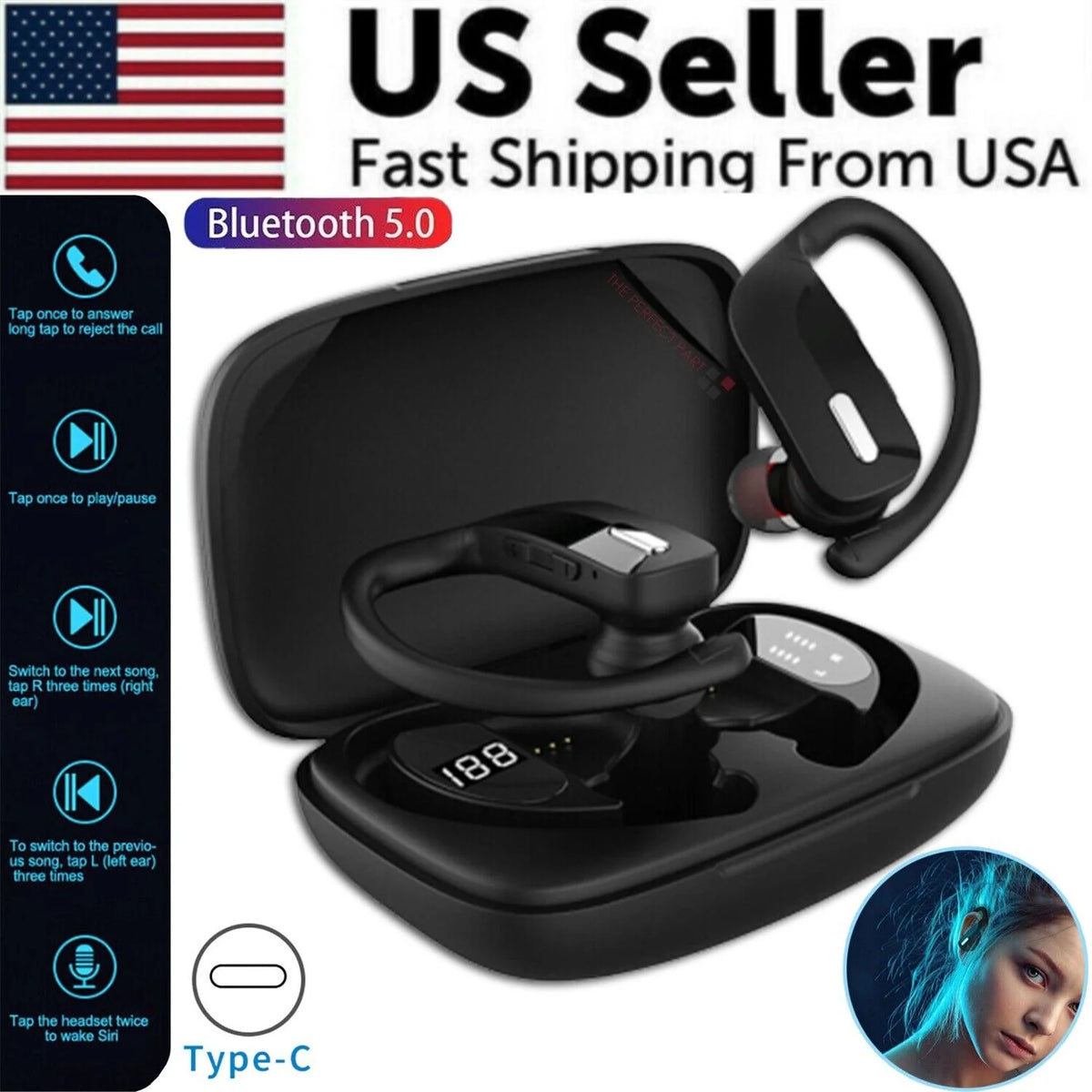 TWS Bluetooth 5.0 Wireless Earbuds with Stereo Sound & Secure Ear Hooks