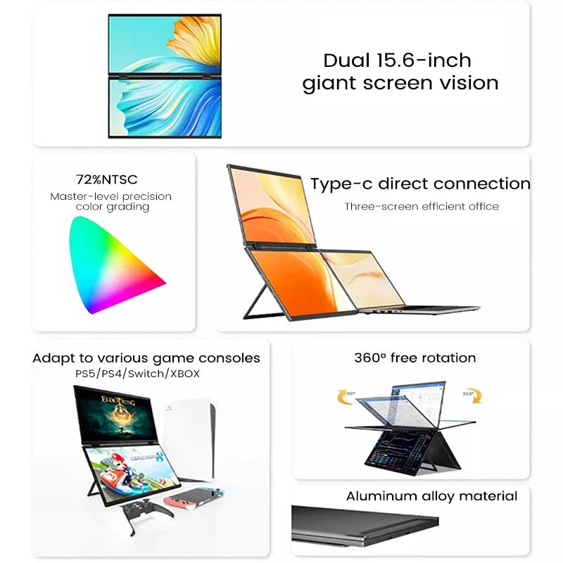 "Versatile 15.6'' Dual Touch Screen Portable Monitor - 1080P FHD with 360° Flip for PC, Laptop, Mac, Xbox, PS4/5 & Switch!"