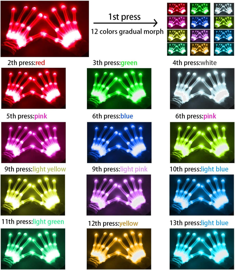 Cool Toys LED Gloves 12 Color Changeable Lights Halloween Costumes Light up Gloves Cool Fun Gifts Stocking Stuffers for Chrismas Halloween Light up Shows Dance Carnival Party Props