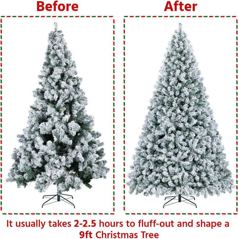 9Ft Pre-Lit Artificial Christmas Tree with Incandescent Warm White Lights, Snow Flocked Full Prelighted Xmas Tree with 2084 Branch Tips, 900 Incandescent Lights & Foldable Stand, White