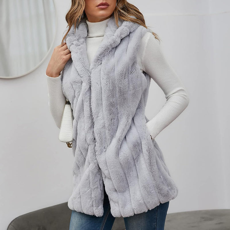 Sweater Vest Cardigan for Women Sleeveless Winter Warm Plush Solid Hoodie Waistcoat Faux Fur Jacket Outerwear Blouse