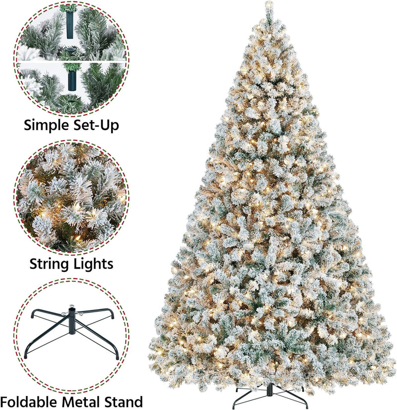 9Ft Pre-Lit Artificial Christmas Tree with Incandescent Warm White Lights, Snow Flocked Full Prelighted Xmas Tree with 2084 Branch Tips, 900 Incandescent Lights & Foldable Stand, White