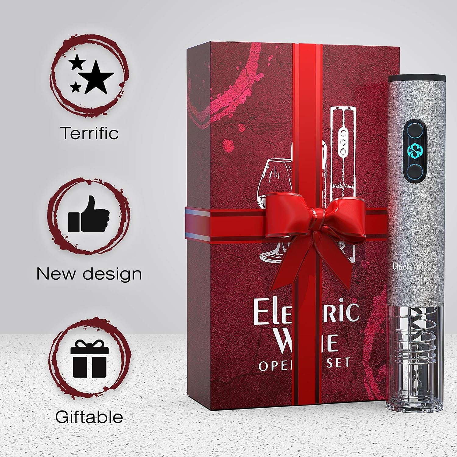 Electric Wine Opener Set  with Charger & Batteries - Gift Idea for Wine Lover - Battery Operated Corkscrew - Automatic Cordless Wine Bottle Opener Rechargeable - Mother'S Day Christmas Kit