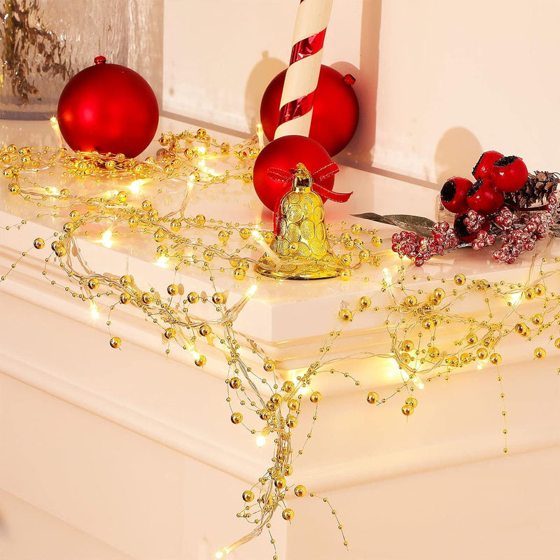 10 Feet 30 LED Christmas Light Metal Berry Beaded Garland Indoor Christmas String Lights for Fireplace Mantel Indoor Christmas Light Decorations (Gold)