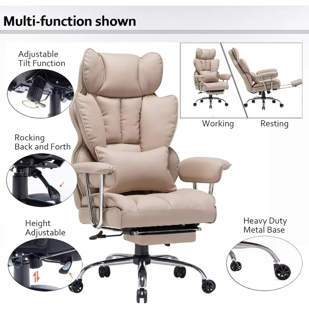 Office Desk and Chair 400Lbs,Tall Office Chair,Pu Leather Computer Chair,Dark Beige Office Chair with Leg Rest and Waist Support