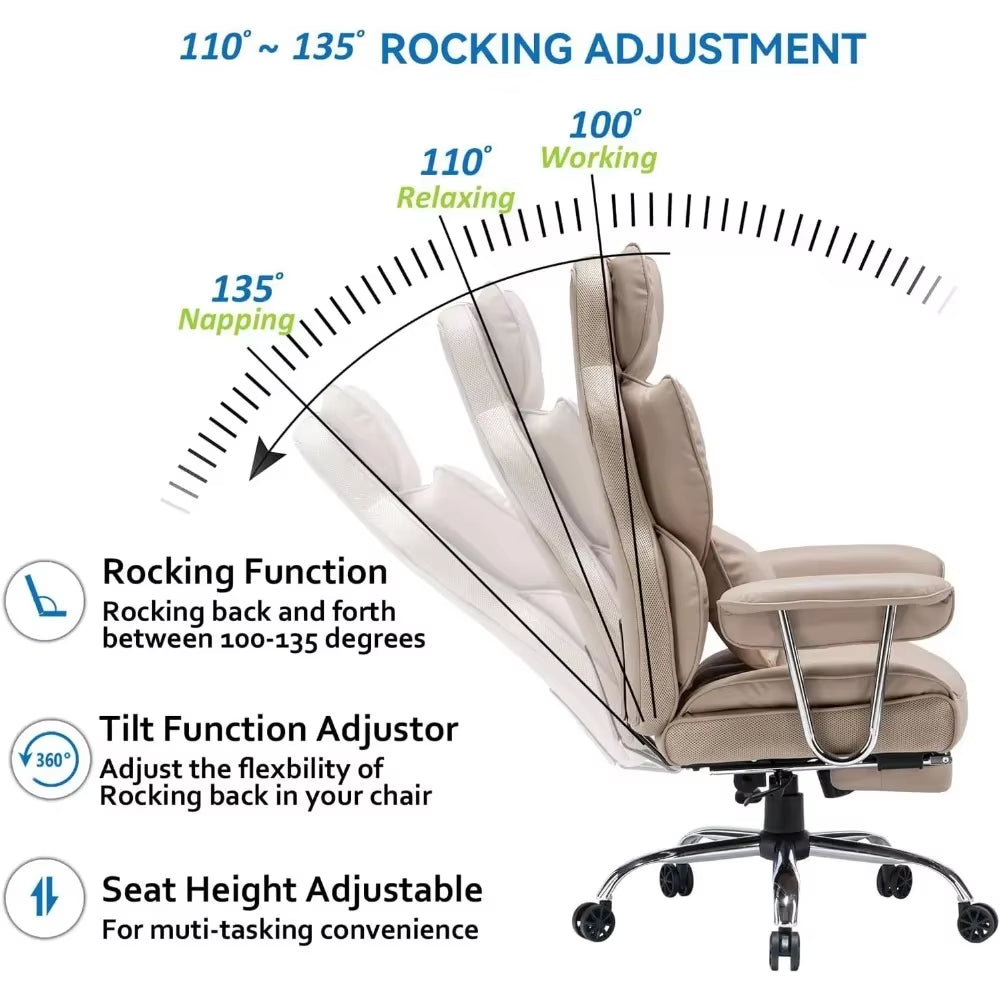 Office Desk and Chair 400Lbs,Tall Office Chair,Pu Leather Computer Chair,Dark Beige Office Chair with Leg Rest and Waist Support