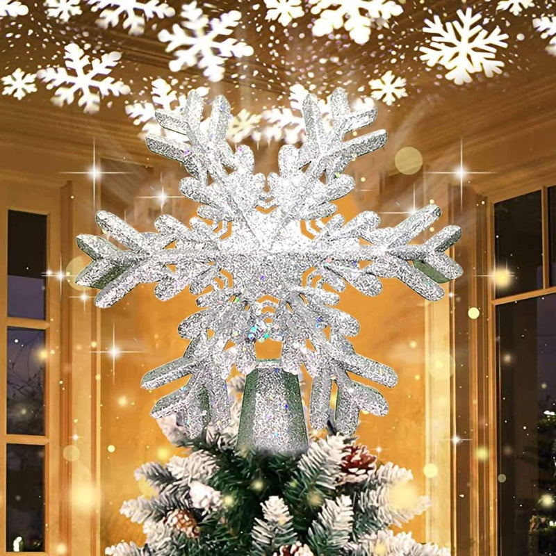 Christmas Tree Topper,Lighted Rotating LED Snowflake Projector for Christmas Tree Decorations,3D Glitter Hollow Night Light Silver Christmas Ornaments