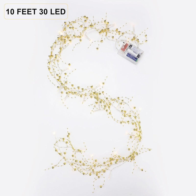 10 Feet 30 LED Christmas Light Metal Berry Beaded Garland Indoor Christmas String Lights for Fireplace Mantel Indoor Christmas Light Decorations (Gold)