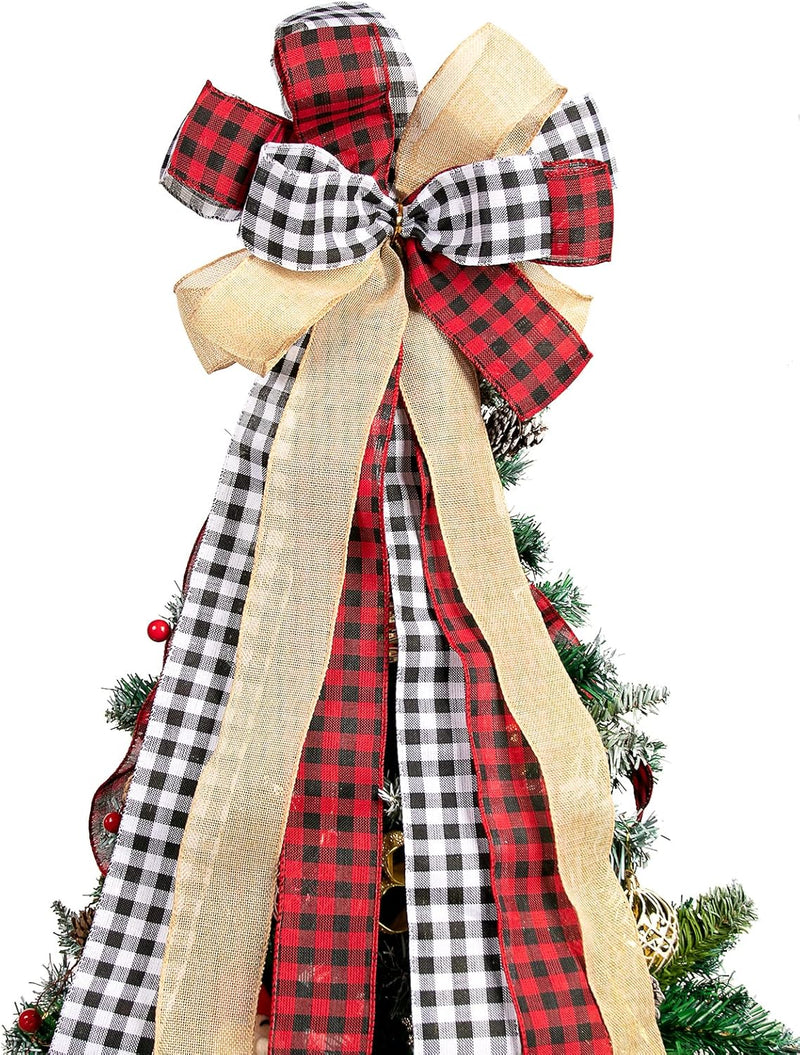 Christmas Tree Topper Bow Buffalo Plaid Tree Topper Rustic Xmas Tree Topper for Christmas Tree Decorations Buffalo Plaid Christmas Decorations Large Outdoor Christmas Tree Topper