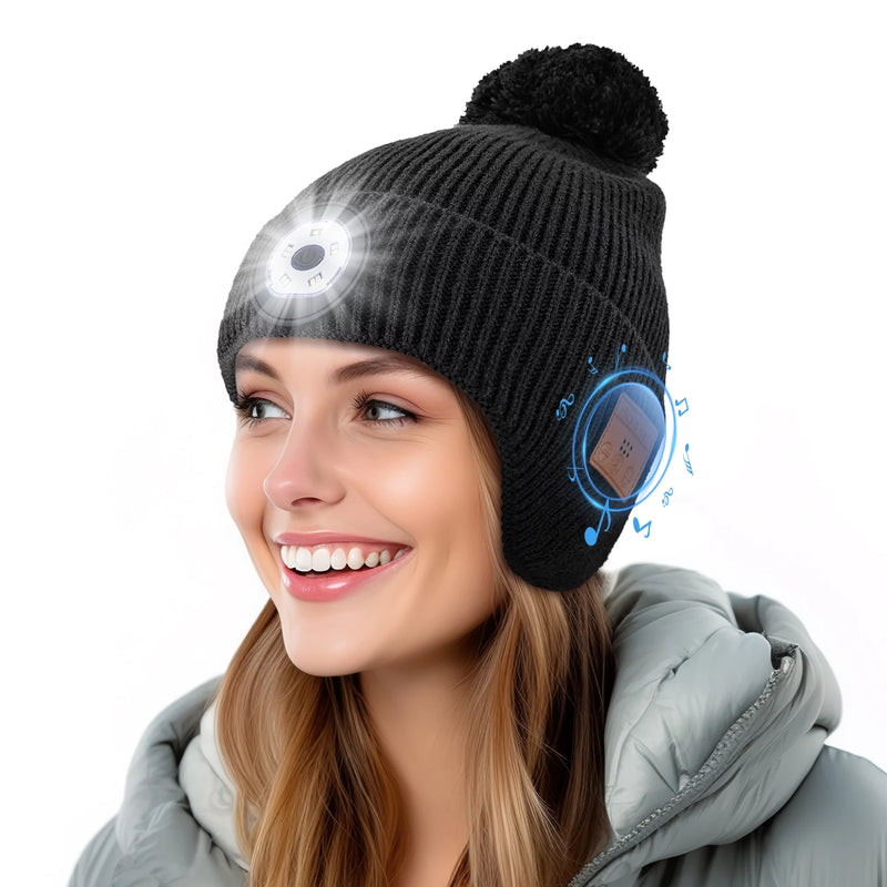 Bluetooth Beanie with Light,  Built-In Wireless Headphones, with 5 LED Headlamp Bluetooth Hat with Pom Pom, Winter Camping Hat Ear Flaps | Unique Birthday Tech Gifts（Black）