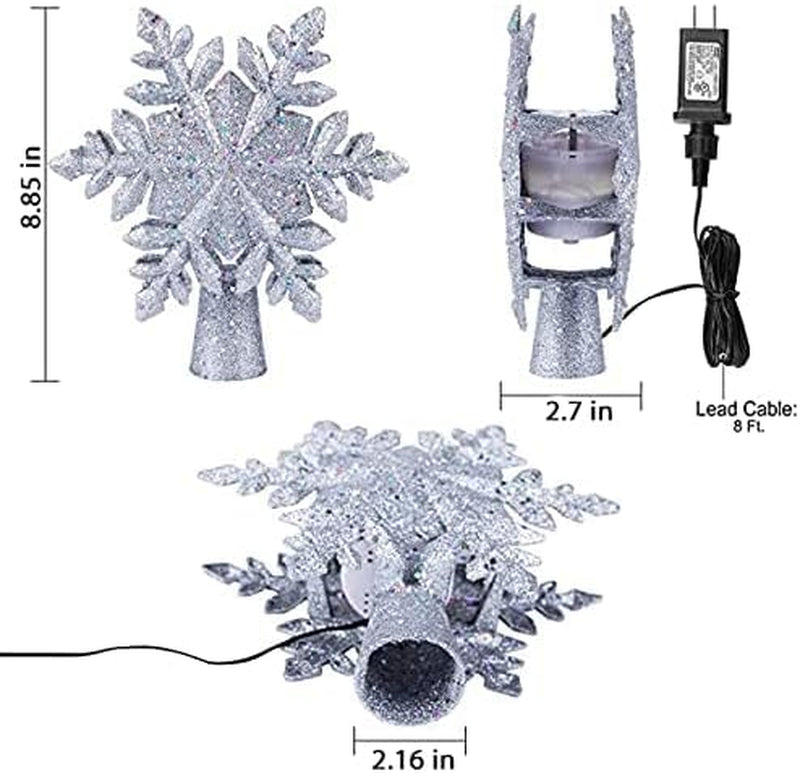 Christmas Tree Topper,Lighted Rotating LED Snowflake Projector for Christmas Tree Decorations,3D Glitter Hollow Night Light Silver Christmas Ornaments