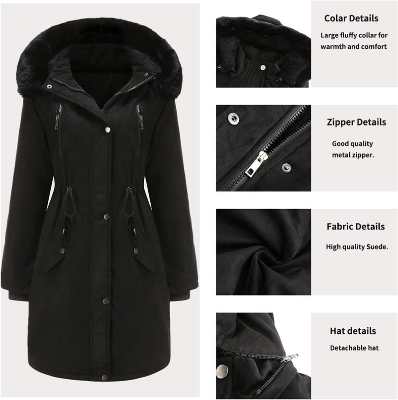 Hooded Coat for Women Zipper Winter Warm Slim Jacket Button Long Sleeve Thick Velvet Windbreaker Drawstring Blouse