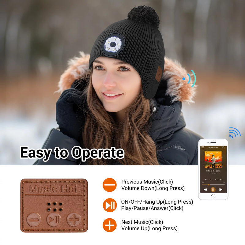 Bluetooth Beanie with Light,  Built-In Wireless Headphones, with 5 LED Headlamp Bluetooth Hat with Pom Pom, Winter Camping Hat Ear Flaps | Unique Birthday Tech Gifts（Black）