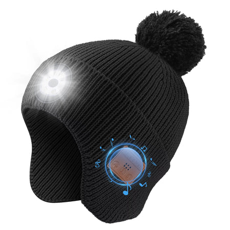 Bluetooth Beanie with Light,  Built-In Wireless Headphones, with 5 LED Headlamp Bluetooth Hat with Pom Pom, Winter Camping Hat Ear Flaps | Unique Birthday Tech Gifts（Black）