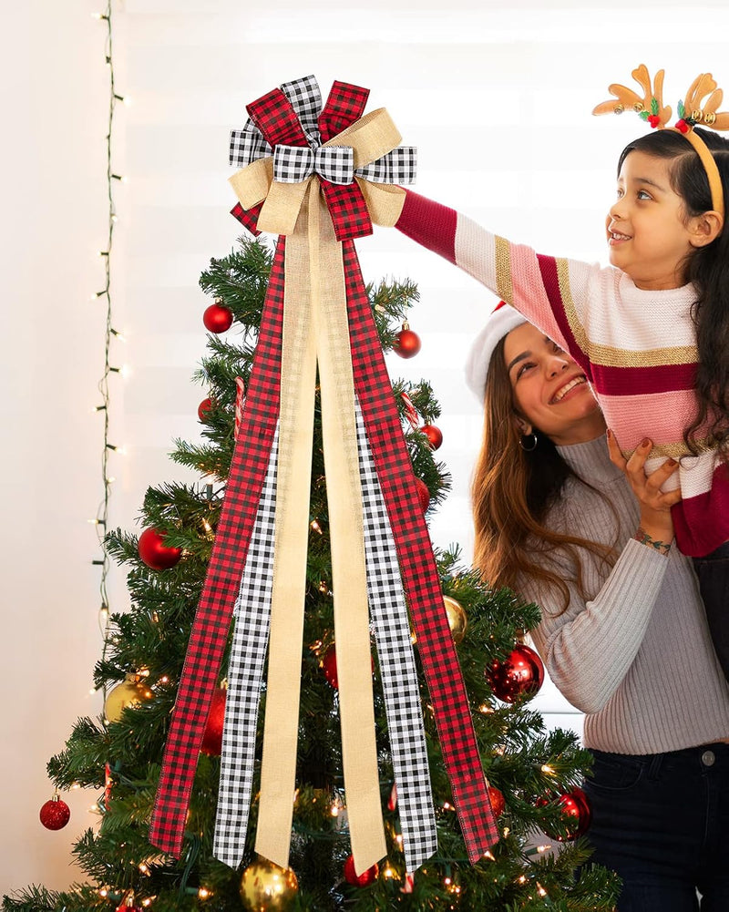 Christmas Tree Topper Bow Buffalo Plaid Tree Topper Rustic Xmas Tree Topper for Christmas Tree Decorations Buffalo Plaid Christmas Decorations Large Outdoor Christmas Tree Topper