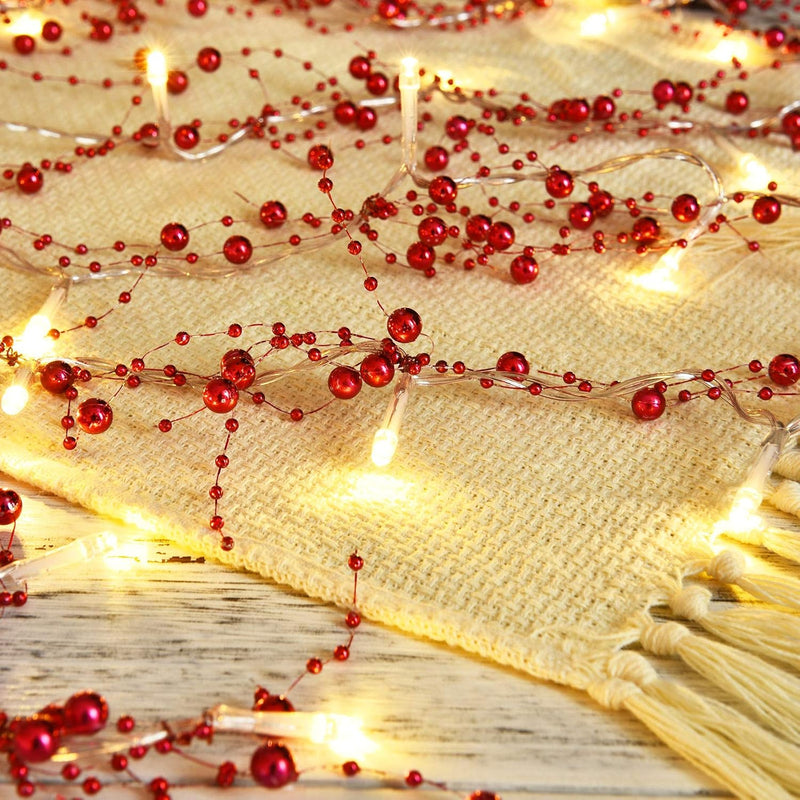 10 Feet 30 LED Christmas Light Metal Berry Beaded Garland Indoor Christmas String Lights for Fireplace Mantel Indoor Christmas Light Decorations (Red)