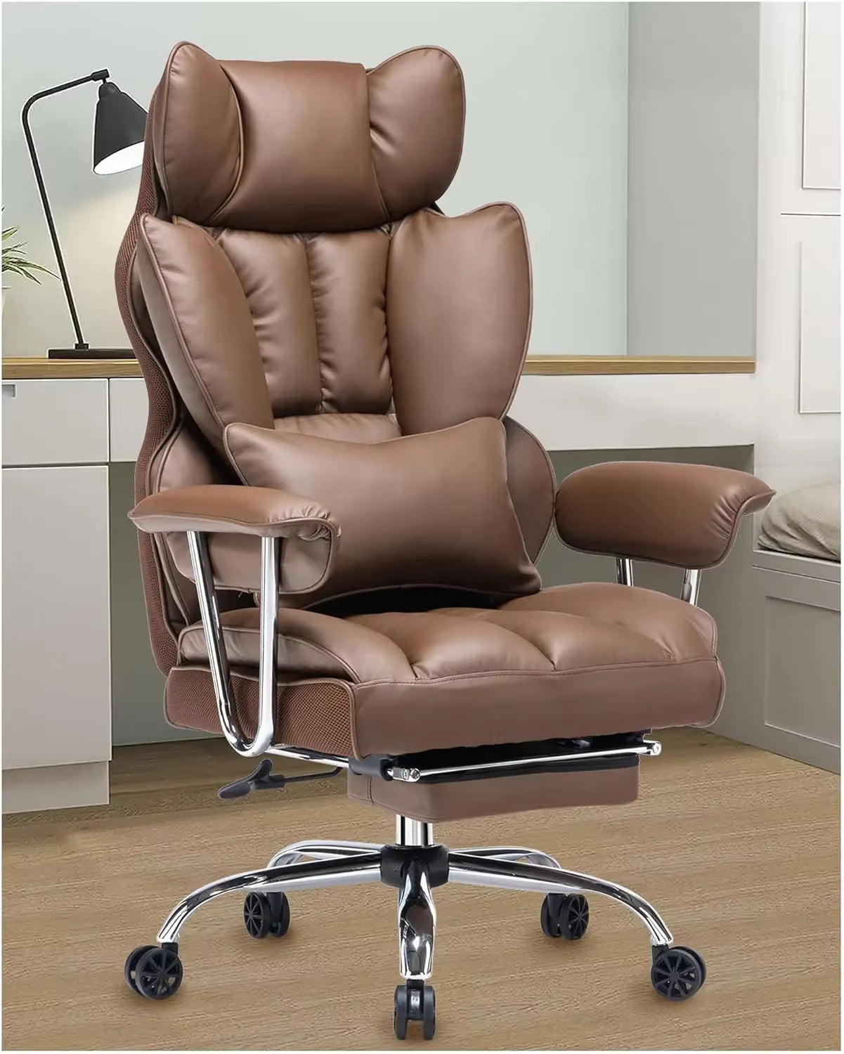 Office Desk and Chair 400Lbs,Tall Office Chair,Pu Leather Computer Chair,Dark Beige Office Chair with Leg Rest and Waist Support