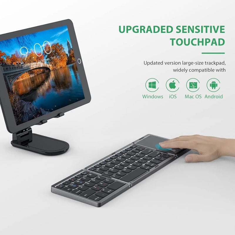 "Portable Foldable Bluetooth Keyboard with Touchpad – Ideal Mini Keyboard for Mac, iOS, Android & Windows Tablets!"