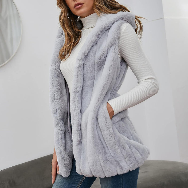 Sweater Vest Cardigan for Women Sleeveless Winter Warm Plush Solid Hoodie Waistcoat Faux Fur Jacket Outerwear Blouse